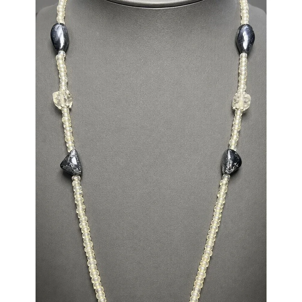 Blue Cream Beaded ID Badge Holder Lanyard 32 Inch Silver Tone Swivel Clip
